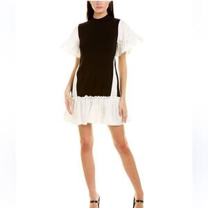 Gracia Ruffle Cuffs Cut Off Knit Layer Detail Dress Black White Size Large NWT
